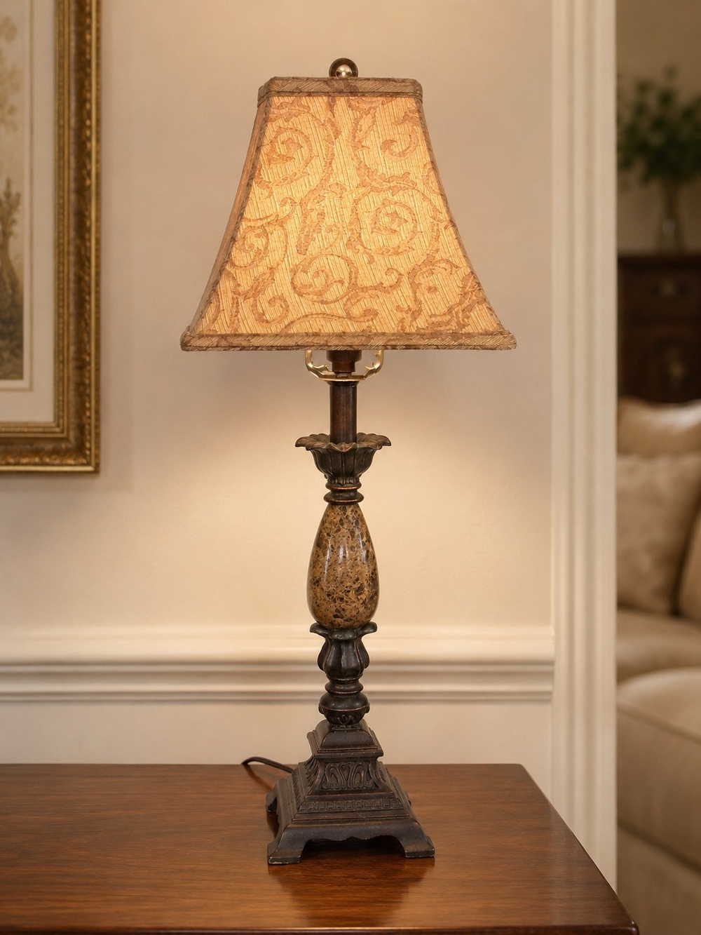 Classic Brown Table Lamp with Patterned Beige Shade